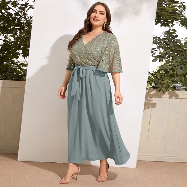 

Plus Contrast Sequin Wrap Belted Dress, Blue