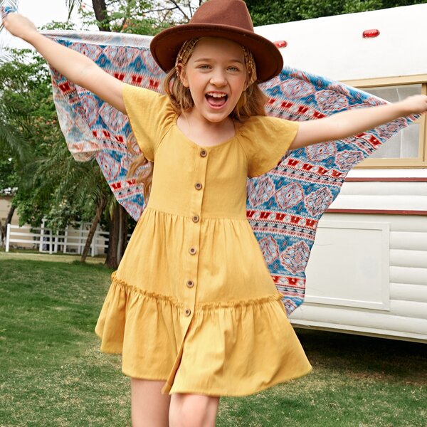 

Girls Butterfly Sleeve Ruffle Hem Dress, Yellow