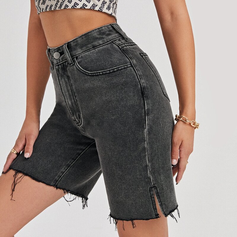 

Slant Pocket Raw Hem Denim Shorts, Grey