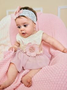 嬰兒貼花腰帶蕾絲附髮帶拼接連體衣連衣裙 - 彩色 - 查看 3
