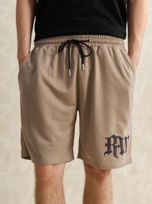 ROMWE MEN ROMWE Limited Guys Letter Drawstring Shorts - Khaki - View 1