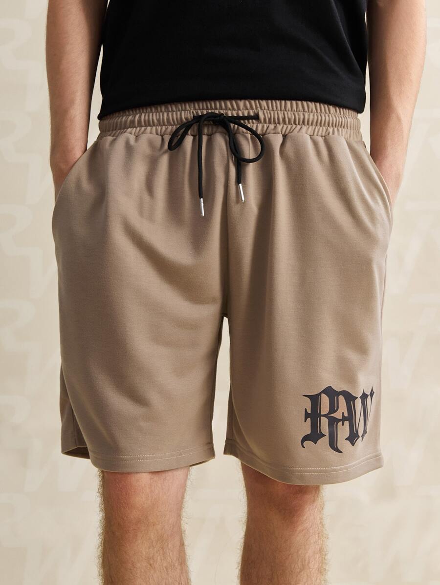 ROMWE MEN ROMWE Limited Guys Letter Drawstring Shorts - Khaki - View 1
