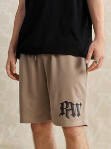 ROMWE MEN ROMWE Limited Guys Letter Drawstring Shorts - Khaki - View 4