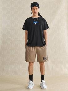 ROMWE MEN ROMWE Limited Guys Letter Drawstring Shorts - Khaki - View 5