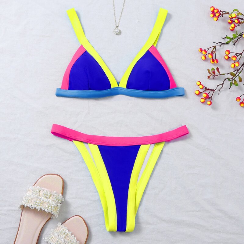 

Contrast Binding Triangle Thong Bikini Swimsuit, Multicolor