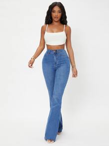 SHEIN SXY 曲線高腰傘狀腿牛仔褲 - 中等水洗藍 - 查看 6