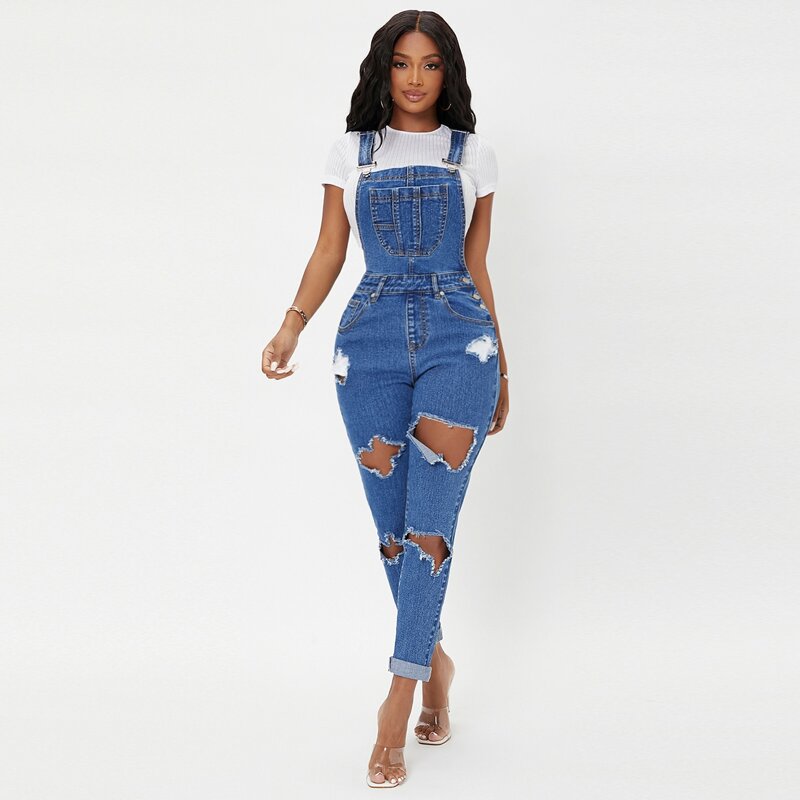 

Patch Pocket Ripped Denim Overalls, Medium wash