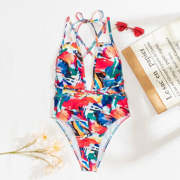 

Colorblock Criss Cross One Piece Swimsuit, Multicolor