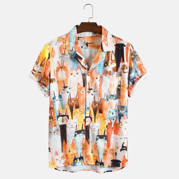 

Men Random Cat Print Button Up Shirt, Multicolor