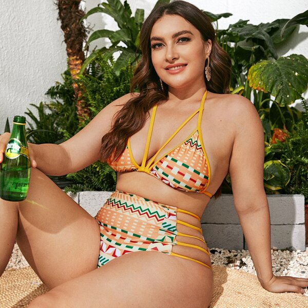 

Plus Geo Print Cut-out Bikini Swimsuit, Multicolor