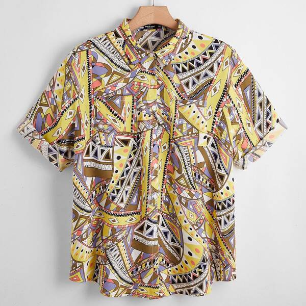 

Plus Geometric Print Button Up Blouse, Yellow
