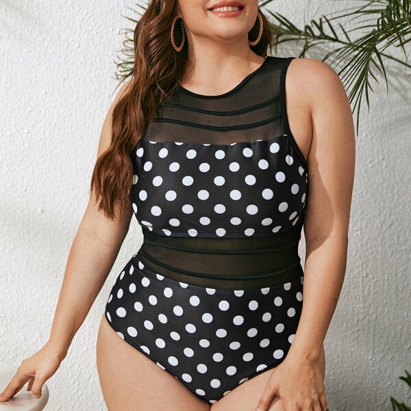 

Plus Polka Dot Contrast Mesh One Piece Swimsuit, Black and white