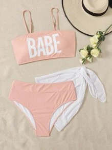 Plus Size 3packs Letter Graphic Bikini Set & Beach Skirt Summer Beach