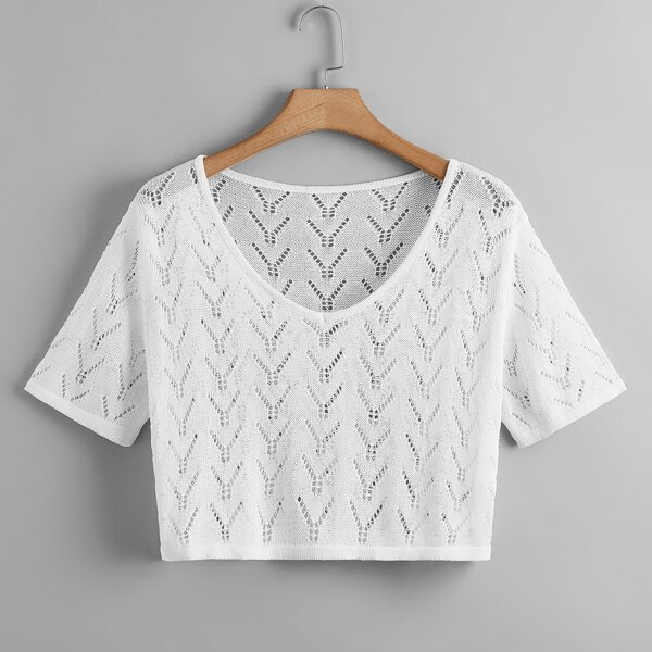 

Plus Scoop Neck Sheer Pointelle Knit Top, White