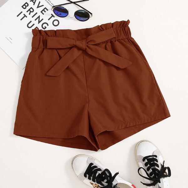 

Solid Belted Paper Bag Waist Shorts, Rust brown