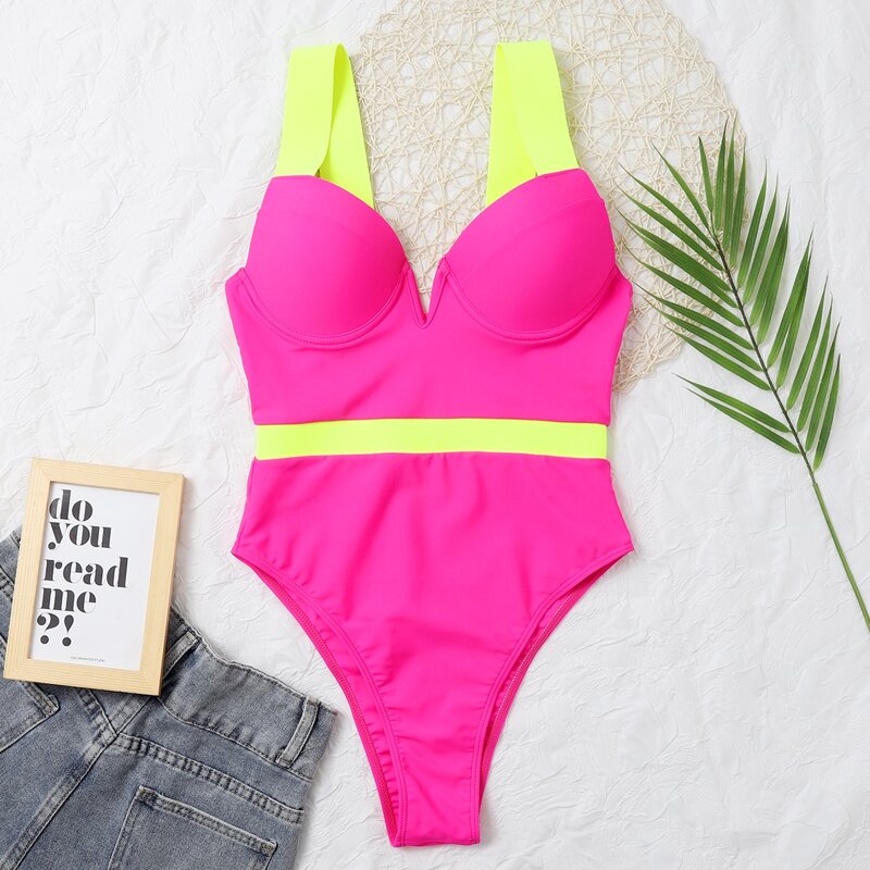 

Colorblock V Neck One Piece Swimsuit, Hot pink