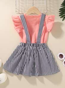 小女童荷葉邊袖T恤帶條紋背帶半身裙 - 彩色 - 查看 2