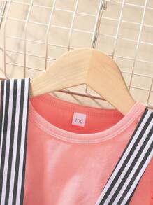 小女童荷葉邊袖T恤帶條紋背帶半身裙 - 彩色 - 查看 4