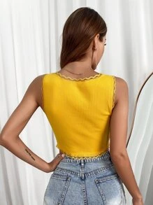 蕾絲邊羅紋針織背心上衣 - 黃色 - 查看 2