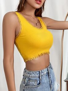 蕾絲邊羅紋針織背心上衣 - 黃色 - 查看 3