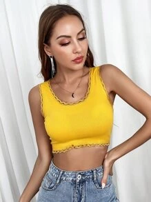 蕾絲邊羅紋針織背心上衣 - 黃色 - 查看 4