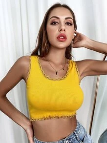 蕾絲邊羅紋針織背心上衣 - 黃色 - 查看 6