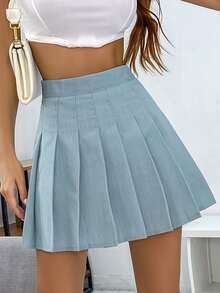 SHEIN Unity Zip Back Pleated Skirt - Baby Blue - View 5