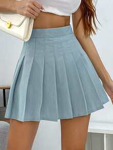 SHEIN Unity Zip Back Pleated Skirt - Baby Blue - View 7