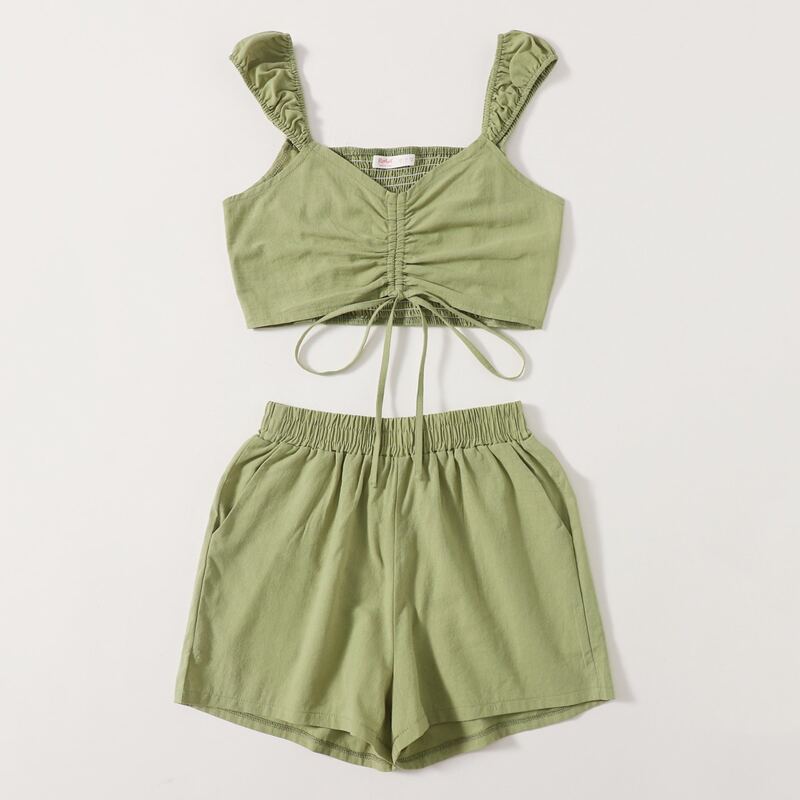 

Solid Drawstring Ruched Crop Top & Shorts, Army green