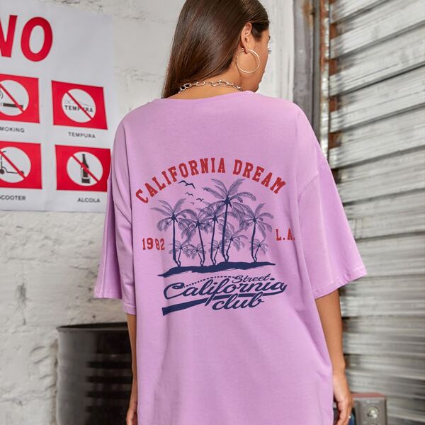 

Palm Tree & Letter Graphic Oversized Tee, Lilac purple