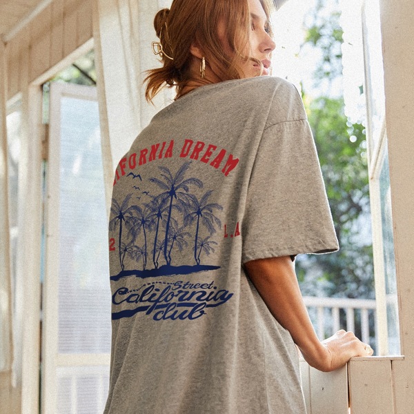 

Palm Tree & Letter Graphic Oversized Tee, Grey
