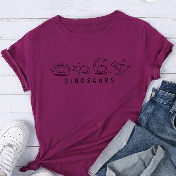 

Cartoon Dinosaur & Letter Graphic Tee, Red violet
