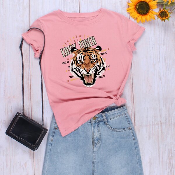 

Tiger & Letter Graphic Tee, Pink