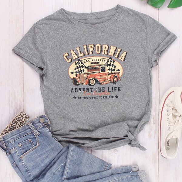 

Slogan & Car Print Round Neck Tee, Grey