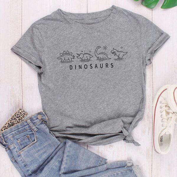 

Cartoon Dinosaur & Letter Graphic Tee, Grey
