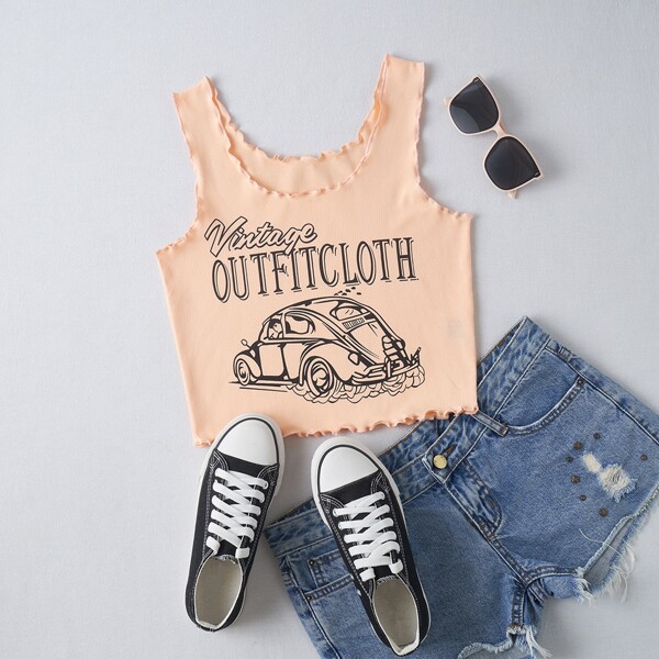 

Letter Graphic Lettuce Trim Tank Top, Apricot