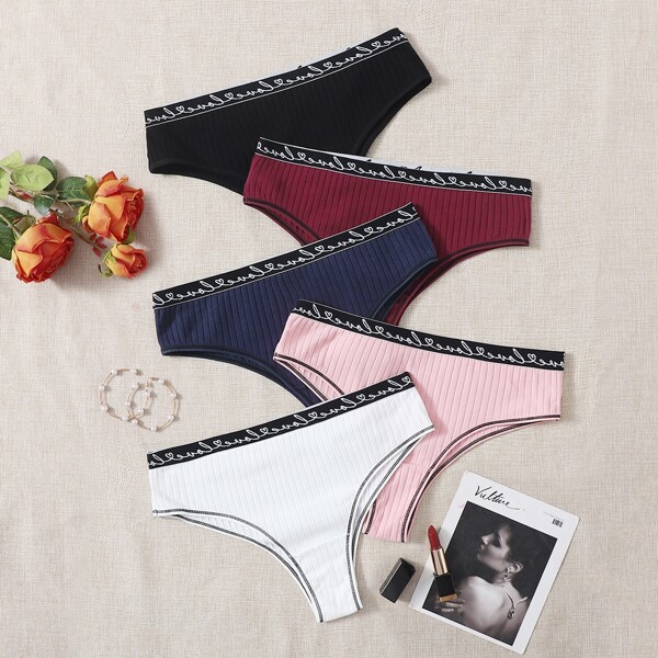 

4pack Plus Rib Letter Tape Panty Set, Multicolor