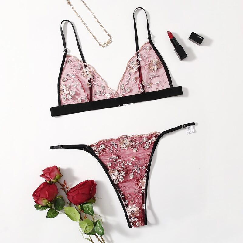 

Plus Embroidered Mesh Lingerie Set, Dusty pink