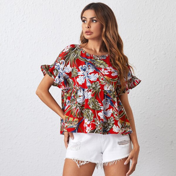 

Ruffle Cuff Tropical Print Top, Multicolor