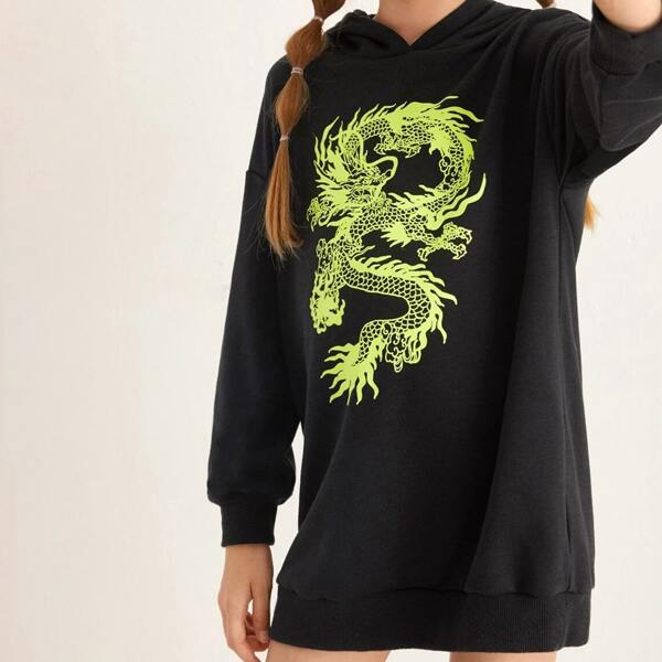 

Girls Drop Shoulder Dragon Graphic Sweatshirt Dress, Black