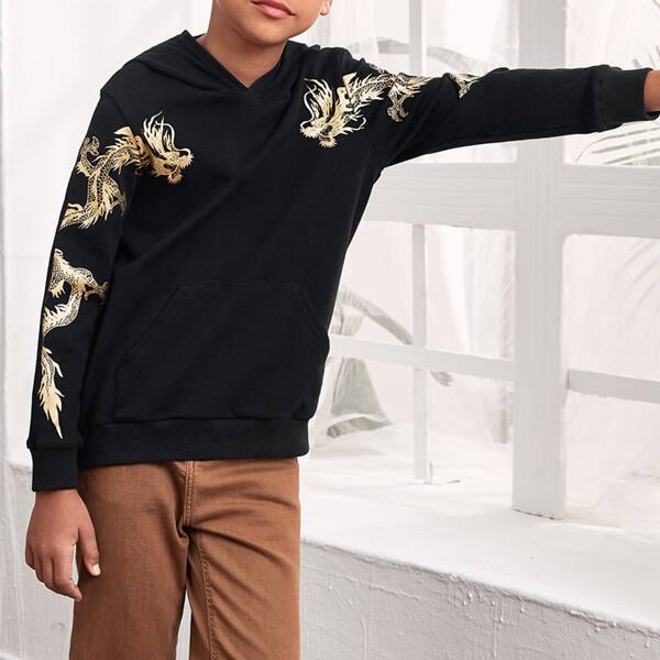

Boys Pouch Pocket Chinese Dragon Graphic Hoodie, Black