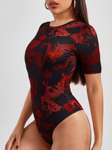 SHEIN EZwear Chinese Dragon Print Bodysuit - Multicolor - View 5