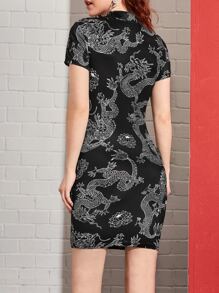 SHEIN ICON 唐裝衣領開衩下擺龍圖案包臀洋裝 - 黑色 - 查看 2