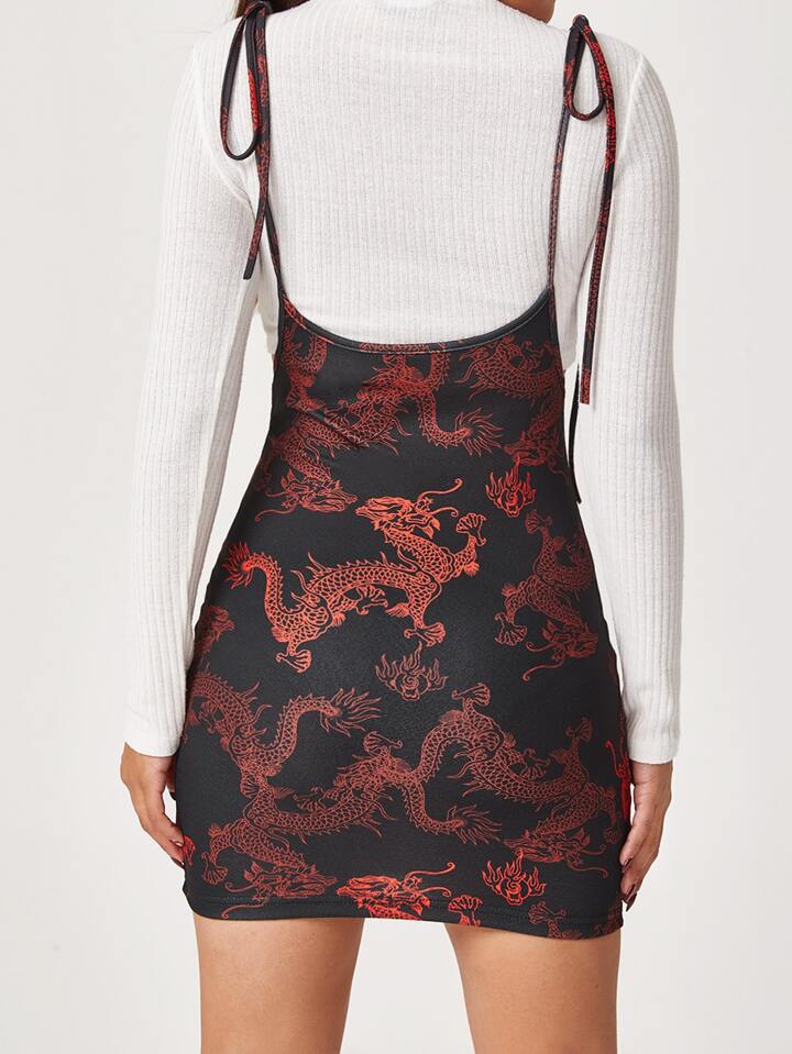 Our Knot Strap Split Hem Chinese Dragon Print Dress is such a vibe - ROMWE