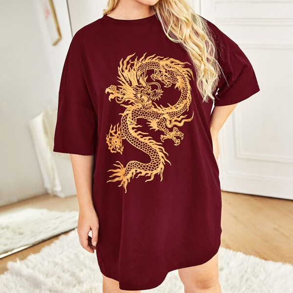 

Plus Chinese Dragon Print Night Dress, Burgundy