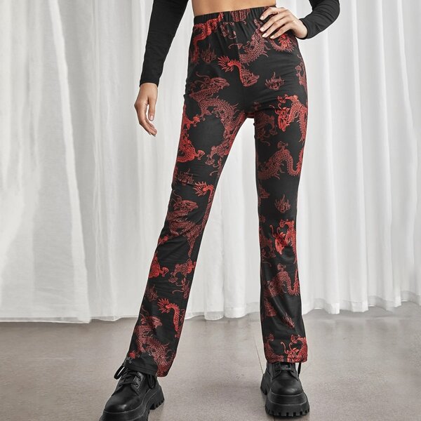 

Chinese Dragon Print Split Side Pants, Multicolor