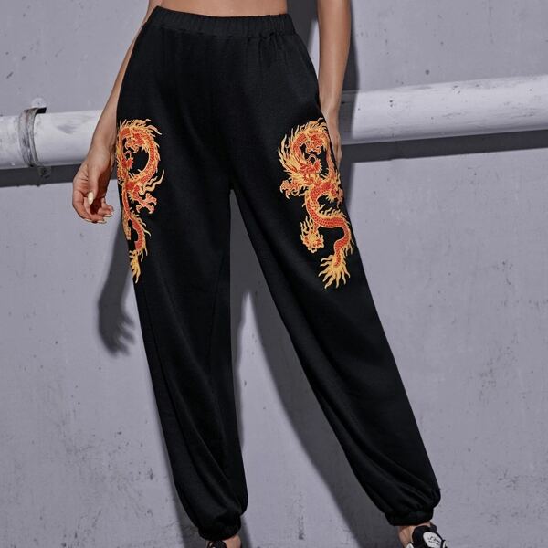 

Chinese Dragon Print Elastic Waist Pants, Black