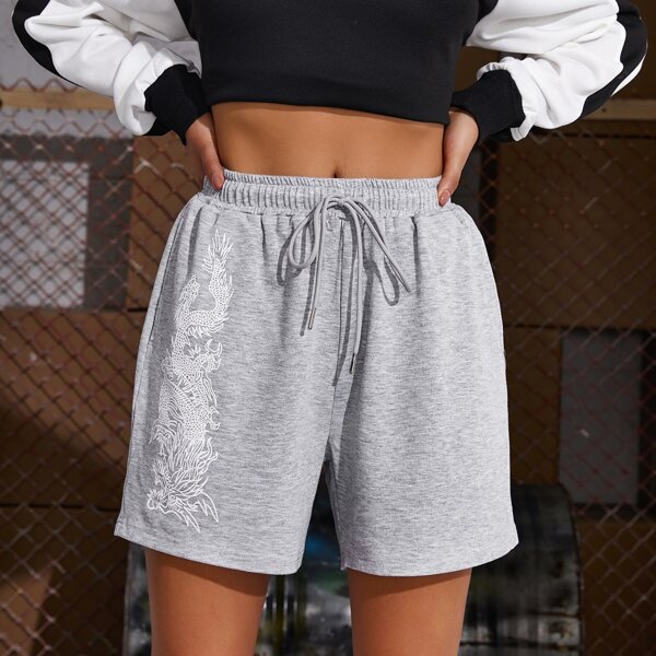 

Chinese Dragon Print Drawstring Waist Sweat Shorts, Light wash