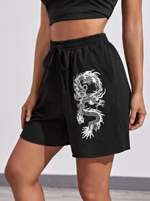 SHEIN EZwear Chinese Dragon Print Slant Pocket Track Shorts - Black - View 3