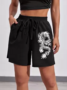 SHEIN EZwear Chinese Dragon Print Slant Pocket Track Shorts - Black - View 1